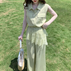 批发2026夏季新款上新小众设计无袖马甲蕾丝屁帘高腰百搭阔腿<b class='q'>裤</b><b class='q'>三件套</b>