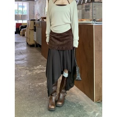 批发实拍实价~不规则半身裙中长款镂空花边麂皮绒拼接网纱高腰A字裙