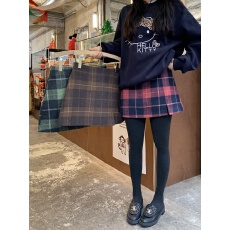 批发实拍实价~韩版复古学院风撞色格子半身裙