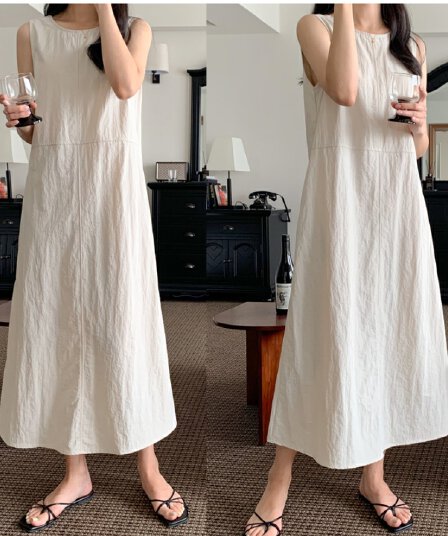 한국 chic 레트로 라운드 넥 명시적 스티치 백리스 디자인 루즈핏 롱 코트 조끼 면 린넨 여성 드레스