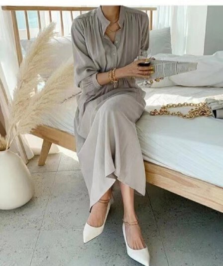 한국 스타일 chic 품격 드레스 미니멀리즘 단색 인조 실크 레이스업 허리 수축 셔츠 드레스 있음 주머니 경기 벨트