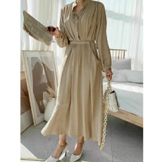 批发韩版chic气质连衣裙简约纯色人造丝系带收腰<b class='q'>衬衫</b>裙有口袋配 腰带