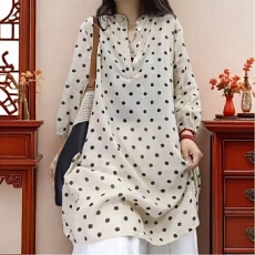 批发文艺复古波点<b class='q'>连衣裙</b>女2025新款夏季棉麻衬衫裙中长款旅行裙子
