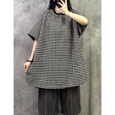 批发夏季新款格子棉麻上衣女高端亚麻<b class='q'>T</b><b class='q'>恤</b><b class='q'>衬衫</b><b class='q'>宽松</b>大码高级感