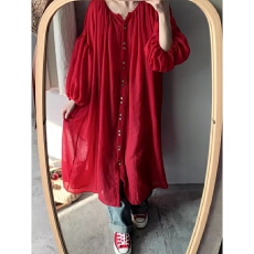 批发春夏旅行民族风红色<b class='q'>灯笼</b>袖棉麻长开衫防晒衬衫宽松大码连衣<b class='q'>裙</b>