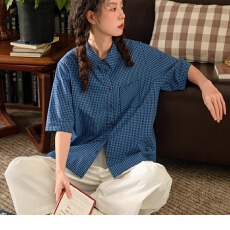 批发复古蓝色格子<b class='q'>衬衫</b><b class='q'>女</b>夏季薄款休闲上衣翻领纯棉<b class='q'>衬衣</b>