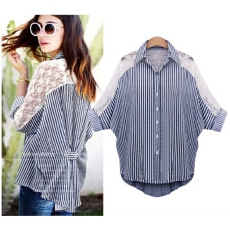 批发<b class='q'>欧美</b>大码女装挽袖条纹开衫宽松显瘦中长款蝙蝠袖<b class='q'>上衣</b>衬衫