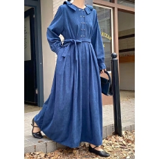 批发复古跨境大码灯芯绒长袖连衣裙女<b class='q'>秋</b>冬季休闲绑带海军领长裙