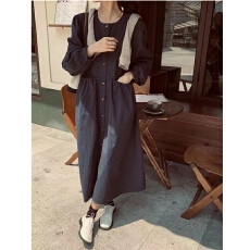 批发韩国chic 纯色 高腰文艺单排扣长款衬衫裙