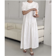 批发韩式甜美立体花纹长款连衣裙两侧有口袋