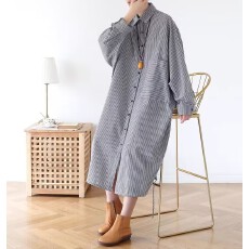 批发秋季设计宽松大码长款条纹衬衫女装长七分袖文艺衬衫裙潮