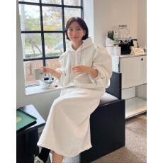 批发韩式复古简约连帽加绒卫衣连衣裙