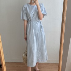 批发韩国chic<b class='q'>夏季</b>简约圆领休闲直筒连衣裙 配腰带