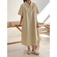 批发韩国chic 夏季复古翻领口袋宽松显瘦<b class='q'>连衣裙</b>休闲百搭短袖工装裙