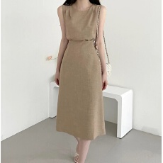 批发韩国chic 法式气质简约无袖连衣裙女系带长裙