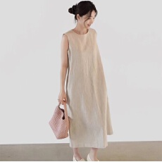 批发韩国chic 宽松长款过膝无袖<b class='q'>棉麻</b>连衣裙女