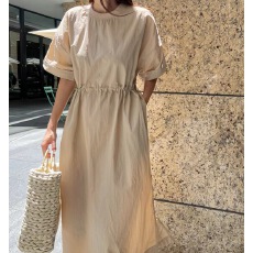 批发韩国简约慵懒风<b class='q'>连衣裙</b>女夏季别致休闲圆领短袖抽绳收腰<b class='q'>中长</b>裙子