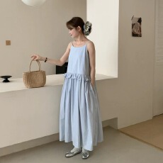 批发简约纯色假两件木耳边吊带 连衣裙