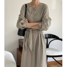 批发韩版简约时尚圆领<b class='q'>显瘦</b>系带单排扣长袖连衣裙两面穿