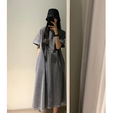 批发韩版 棉麻明线<b class='q'>连衣裙</b>两侧有口袋