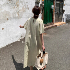 批发韩版 棉麻明线连衣裙两侧有口袋