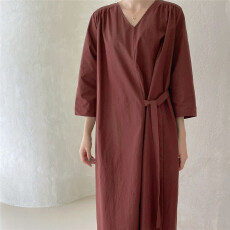 批发韩国chic简约宽松显瘦七分袖系带连衣裙两侧有口袋有腰带