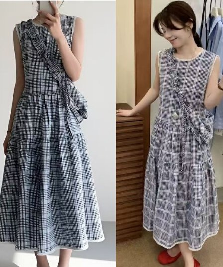한 부서 민소매 달콤함 여름 파란색 조끼 체크무늬 프랑스식 레트로 문예 체크무늬 없음 얇은 경기 가방 롱 스커트