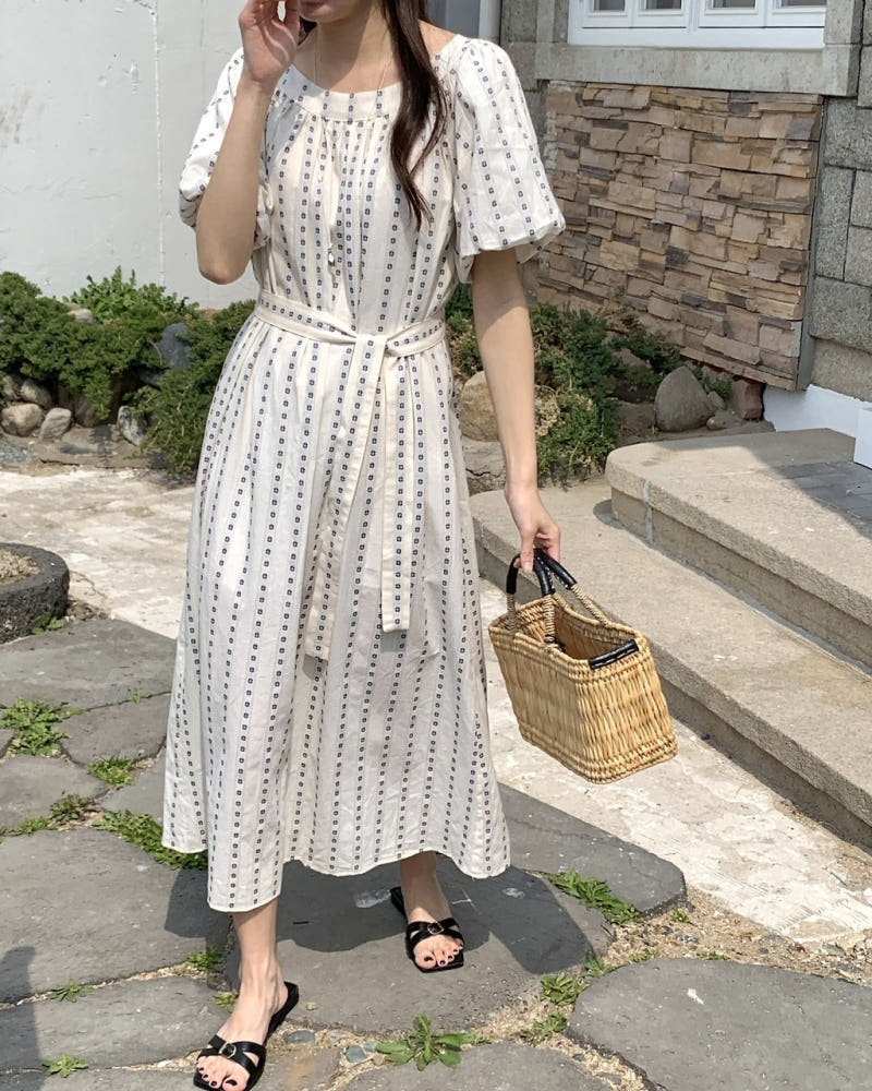 여성 드레스 여름 새로운 품격 슬림해 보이는 거품 소매 레이스업 롱 코트 치마