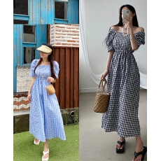 批发chic 夏季韩版时尚性感露锁骨方领格子收腰泡泡袖休闲度假连衣裙