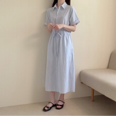 批发韩国chic 经典复古翻领抽绳收腰显瘦条纹连衣裙