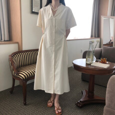 批发韩系通勤翻领单排扣衬衫连衣裙 侧边收腰显瘦短袖过膝长裙
