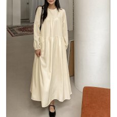 批发韩系简约圆领褶皱拼接设计长袖<b class='q'>连衣裙</b>