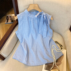 批发实拍 2026春季新款<b class='q'>甜美</b>设计感飘带领格子显瘦无袖衬衫女上衣
