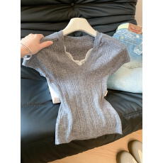 批发<b class='q'>实拍</b> 法式纯欲蕾丝拼接春夏修身内搭假两件绝美设计感打底上衣女