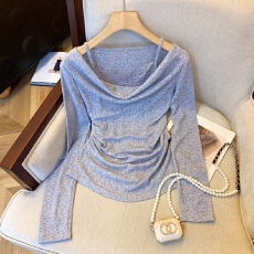 批发<b class='q'>实拍</b>假两件荡领蕾丝拼接长袖t恤女春季修身气质内搭独特别致上衣