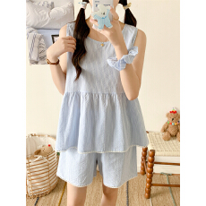 实拍实价 韩系条纹简约舒适花边睡衣套装休闲家居服送发圈