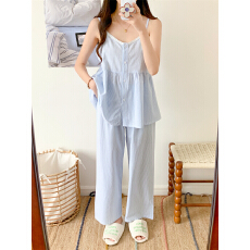 实拍实价 韩系条纹简约舒适花边睡衣套装休闲家居服