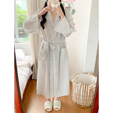 批发实拍实价 新款睡袍女秋简约条纹浴袍长款和服ins睡衣家居服