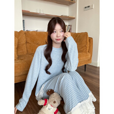 批发实拍实价韩系条纹毛巾布绒感针织套装简约舒适花边睡衣休闲家居<b class='q'>服</b>