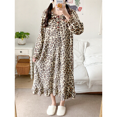 批发实拍实价 冬季新款毛毛睡衣女韩系豹纹家居服睡裙