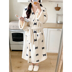 批发实拍实价 韩系蝴蝶结简约舒适毛绒睡裙休闲宽松慵懒睡袍家居服