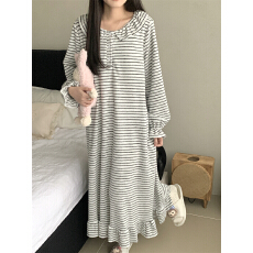 批发实拍实价 韩系简约条纹毛巾布睡衣休闲宽松睡裙慵懒家居服