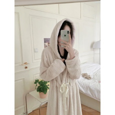 批发实拍实价 冬装加厚毛毛连帽纯色睡袍睡裙家居服