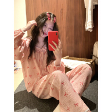 批发实拍实价 韩系格子蝴蝶结简约舒适花边睡衣套装休闲家居服