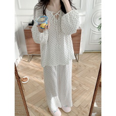 批发实拍实价 2026早春女可外穿圆点纱布简约长袖睡衣纯棉家居服套装