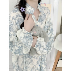 实拍实价 2026早春韩国甜美水墨画可外穿纯棉纱布睡衣家居服睡裙