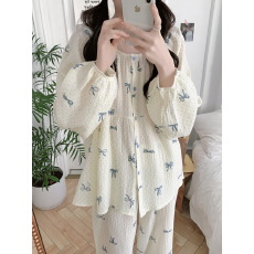 批发实拍实价 2026春季蝴蝶结<b class='q'>纯棉</b>纱布宽松长袖长裤家居服<b class='q'>睡衣</b>套装