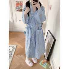 批发实拍实价 2026春季睡袍女度假风绣花睡袍长款条纹碎花睡衣家居服