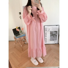 批发实拍实价 韩版<b class='q'>春</b>装新款粉色格子宽松连衣裙睡裙