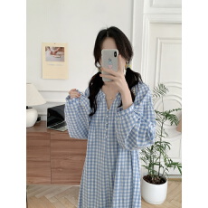 批发实拍实价韩版新款蓝色格子珍珠扣长袖宽松睡裙连衣裙